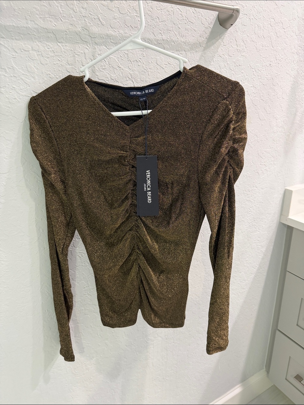 Veronica Beard Antique Gold Ruched V-Neck Long-Sleeve Top